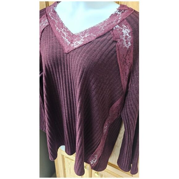 SUSAN BETRO Women's Deep Purple Lacy LongSleeve Ribbed V- Neck Sweater Size 2X - Picture 11 of 15